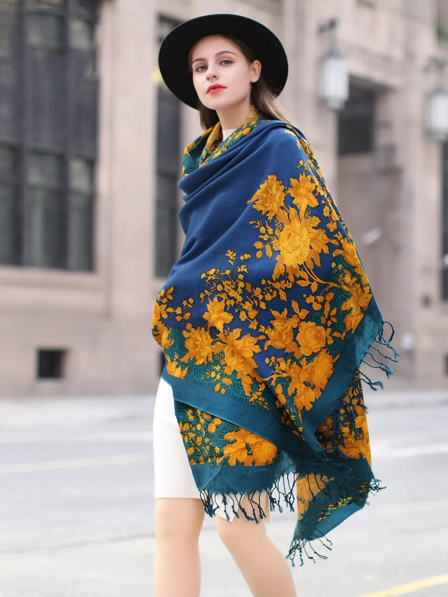 Women's Pure Wool Scarf - Multifunctional Ethnic Elegance in Captivating Blue with Plants and Flowers Pattern