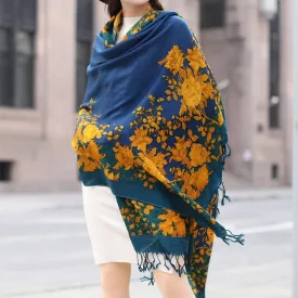 Women's Pure Wool Scarf - Multifunctional Ethnic Elegance in Captivating Blue with Plants and Flowers Pattern